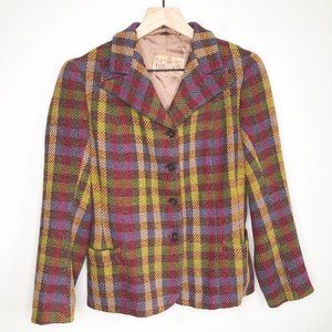 Vintage Oversized Wool Plaid Tartan Tweed Check Knit Blazer Jacket Coat Rainbow
